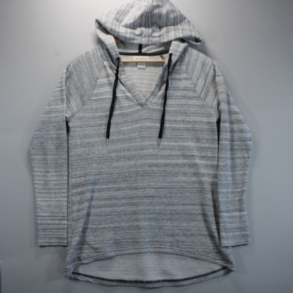 Liz Claiborne Space Dye V-Neck Hoodie Grey White High Low Hem Pullover Small